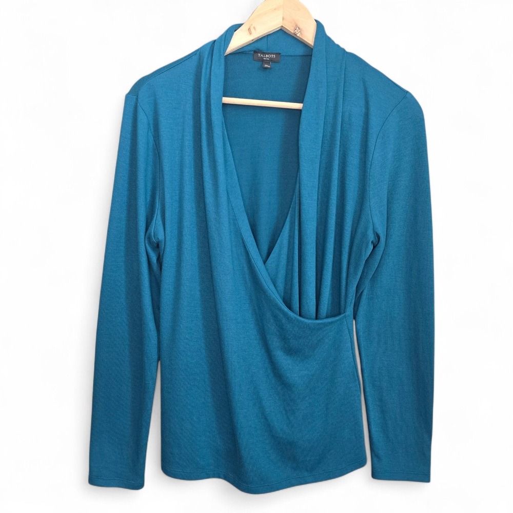 Talbots Top Womens LP Petite Large Teal Blue Surplice Neck Knit Long Sleeve
